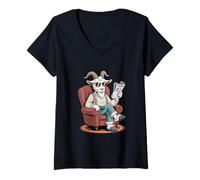Women's Cool Lounge Goat Reading Newspaper Cozy Vibe V-Neck T-Shirt