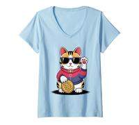 Womens Cool Maneki Neko Japan Style with Sunglasses V-Neck T-Shirt