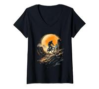 Women's Cool Mountain Biker Riding Under Full Moon V-Neck T-Shirt