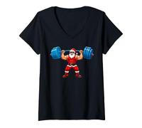 Women's Cool Muscular Santa Weightlifting Gym Workout Christmas V-Neck T-Shirt