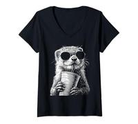 Women's Cool Otter Drinking Iced Coffee Funny Animal Meme y2k Grunge V-Neck T-Shirt