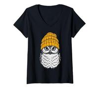 Women's Cool Owl Beanie Urban Style Illustration V-Neck T-Shirt