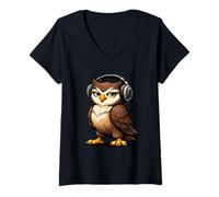 Women's Cool Owl DJ Mascot Graphic V-Neck T-Shirt