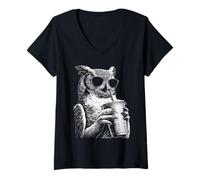Women's Cool Owl Drinking Iced Coffee Funny Animal Meme y2k Grunge V-Neck T-Shirt