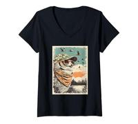 Women's Cool Owl with Sunglasses Duck Hunting Hunter Retro Sunset V-Neck T-Shirt