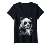 Women's Cool Panda Drinking Iced Coffee Funny Animal Meme y2k Grunge V-Neck T-Shirt