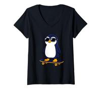 Women's Cool Penguin Skateboard Graphic Design V-Neck T-Shirt