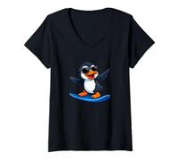 Women's Cool Penguin Surfer Riding Waves Summer Sports V-Neck T-Shirt