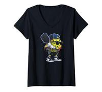 Women's Cool Pickleball Character with Paddle Swag V-Neck T-Shirt