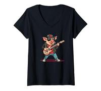 Womens Cool Pig with an Electric Guitar Bringing the Fun V-Neck T-Shirt