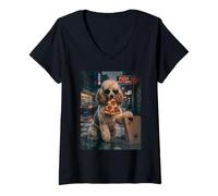 Women's Cool Poodle Pizza Nocturne Night Dog V-Neck T-Shirt