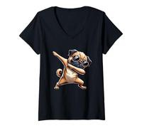 Women's Cool Pug Dabbing Cartoon Funny Dog Pet V-Neck T-Shirt
