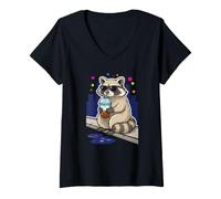 Women's Cool Raccoon Drinking Iced Coffee in City Night Streets V-Neck T-Shirt