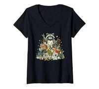 Women's Cool Raccoon Lover Rock Sign Gesture Garbage Trash Raccoon V-Neck T-Shirt