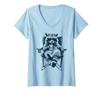 Women's Cool Raccoon Sunglasses Juice Pack Chilling Camping Summer V-Neck T-Shirt