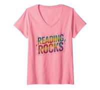 Women's Cool Reading Rocks Teacher Literacy Squad Science Teaching V-Neck T-Shirt