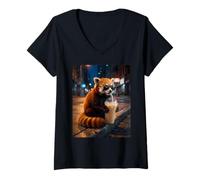 Women's Cool Red Panda Drinking Iced Coffee Night Scene V-Neck T-Shirt