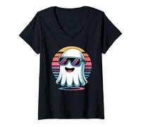 Womens Cool Retro Ghost in Sunglasses - Halloween Vaporwave Vibes V-Neck T-Shirt