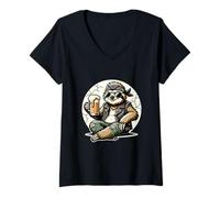 Womens Cool Rocker Sloth Drinking Beer at Rock Festival V-Neck T-Shirt