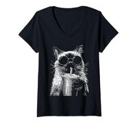 Women's Cool Siamese Cat Drinking Iced Coffee Funny Meme y2k Grunge V-Neck T-Shirt