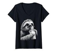 Women's Cool Sloth Drinking Iced Coffee Funny Animal Meme y2k Grunge V-Neck T-Shirt