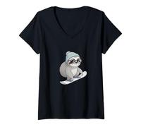 Womens Cool Sloth On Snowboard Winter Mountain Vibes V-Neck T-Shirt