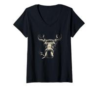 Women's Cool Smoking Moose Head Wilderness Humor V-Neck T-Shirt