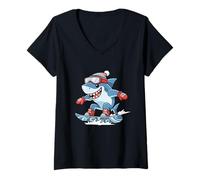 Womens Cool Snowboarding Shark with Winter Goggles V-Neck T-Shirt