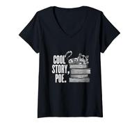 Women's Cool Story Poe Cat Short Story Edgar Allan Reading V-Neck T-Shirt