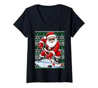 Women's Cool Style Santa Skating Ice Hockey Christmas V-Neck T-Shirt
