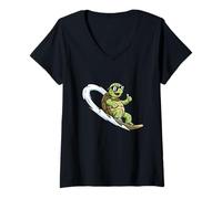 Womens Cool Surf Turtle Cartoon Funny Beach Summer V-Neck T-Shirt