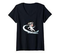 Womens Cool Surfing Cow with Sunglasses Summer Wave V-Neck T-Shirt