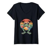Women's Cool Surfing Frog Summer Retro V-Neck T-Shirt