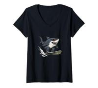 Womens Cool Surfing Shark On Skateboard Cartoon V-Neck T-Shirt