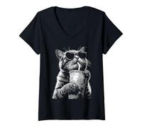 Women's Cool Tabby Cat Drinking Iced Coffee Funny Meme y2k Grunge V-Neck T-Shirt