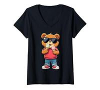 Women's Cool Teddy Bear with Sunglasses Eating Ice Cream V-Neck T-Shirt