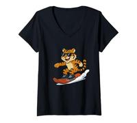 Womens Cool Tiger Snowboarding with Sunglasses Style V-Neck T-Shirt
