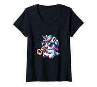 Womens Cool Trumpet Playing Unicorn Melody Vibes V-Neck T-Shirt
