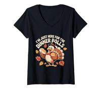 Womens Cool Turkey Pilgrim Holding roll I'm just here for The Rolls V-Neck T-Shirt