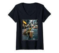 Women's Cool Turtle Drinking Iced Coffee City Vibes V-Neck T-Shirt