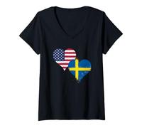 Womens Cool Vintage Sweden USA Flag for Proud Swedish American V-Neck T-Shirt