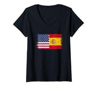Women's Cool Vintage USA Spain Flag for Proud Spanish American Pride V-Neck T-Shirt