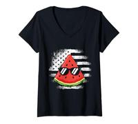 Women's Cool Watermelon Slice with Sunglasses on Flag V-Neck T-Shirt