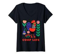 Women's Coop Life Folk Art Rooster Scandi Design V-Neck T-Shirt