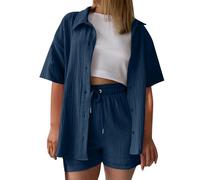 Womens Coords Sets Casual Short Sleeve Button Down Shirts Muslin Blouse with Shorts Two Piece Outfit Women Co Ord Sets Ladies Co Ords Outfits UK Womens Loungewear Set(C Dark Blue,L)