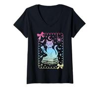 Womens Coquette Bow Cute Black Cat Books Spells Pastel Witch Girls V-Neck T-Shirt