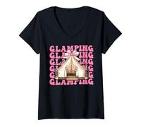 Womens Coquette Bow Glamping Glamper Camping Girl Mom Mother's Day V-Neck T-Shirt