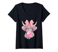 Womens Coquette Bow Highland Cow Blowing Bubble Gum Heifer Farm Cow V-Neck T-Shirt