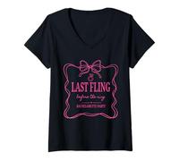 Women's Coquette Bow Last Fling Before the Ring Funny Bride Party V-Neck T-Shirt