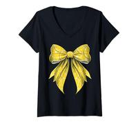 Womens Coquette Bow Lemon Slice Pattern Lemonade Stand V-Neck T-Shirt